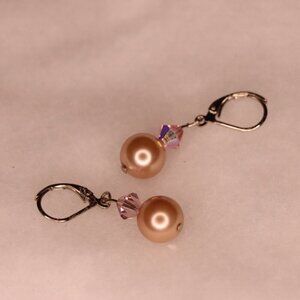 Golden pearl bead and holographic angular bead drop pierced  bronze earrings